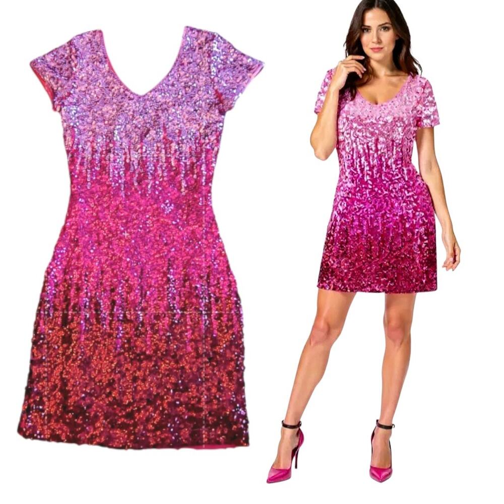 Maner Glitter Party Dress Women's Size XS Pink Sequin Stretch Bodycon Sexy